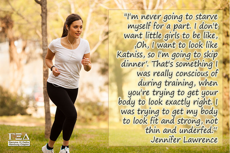 I'm never going to starve myself for a part. I don't want little girls to be like 'Oh, I want to look like Katniss, so I'm going to skip dinner'. That's something I was really conscious of during training when you're trying to get your body to look exactly right. I was trying to get my body to look fit and strong, not thin and underfed. - Jennifer Lawrence