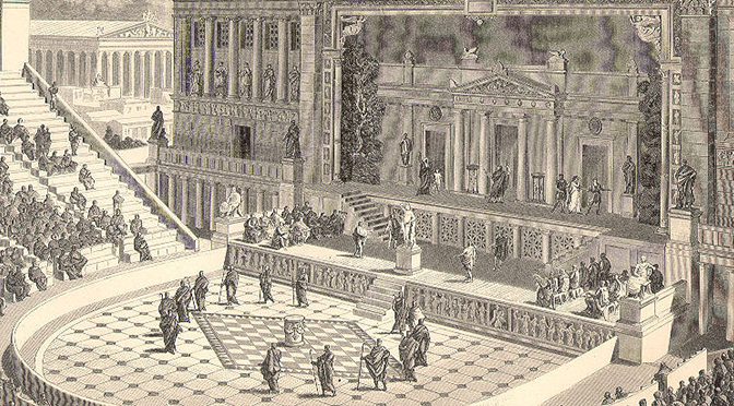 Das Dionysostheater in Athen nach Umbauten in römischer Zeit, wie es sich ein Zeichner 1891 vorstellte.