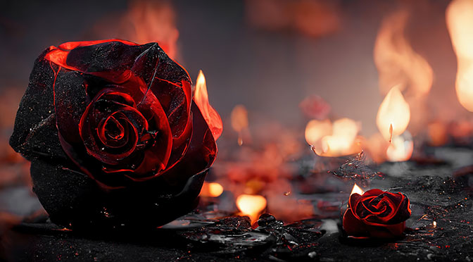 Herzzerbrochenes Konzept durch spektakuläre halbe verbrannte Rose, einige in schwarzer Asche