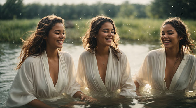 Three nymphs in flowing white robes are bathing in a pond. They laugh, splash each other with water and seem very carefree.
