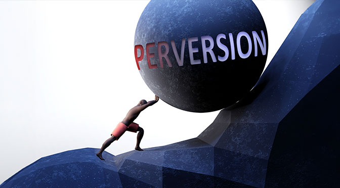 Perversion als ein Problem, das das Leben erschwert - symbolisiert durch eine Person, die mit dem Wort Perversion Gewicht in den Vordergrund rückt, um zu zeigen, dass Perversion eine schwer zu tragende Last sein kann