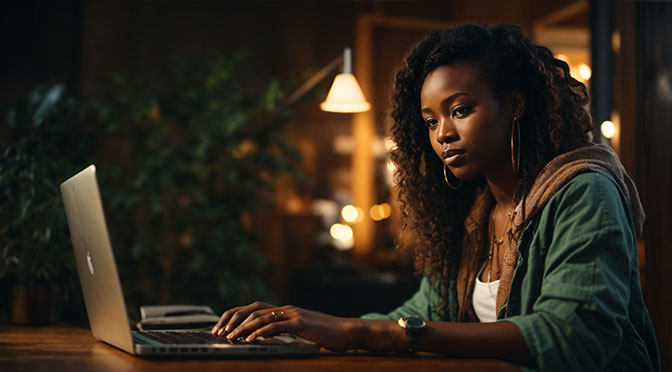 a beautiful african woman sitting in front of her laptop, typing