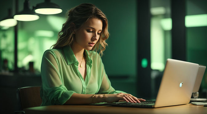 a young caucasian woman with open light green blouse at a desk typing on the laptop in front of her