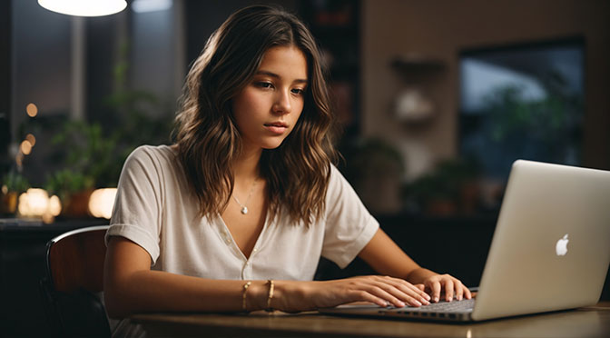 19 year old french brunette with straight shoulder length hair, sitting in front of her laptop, typing