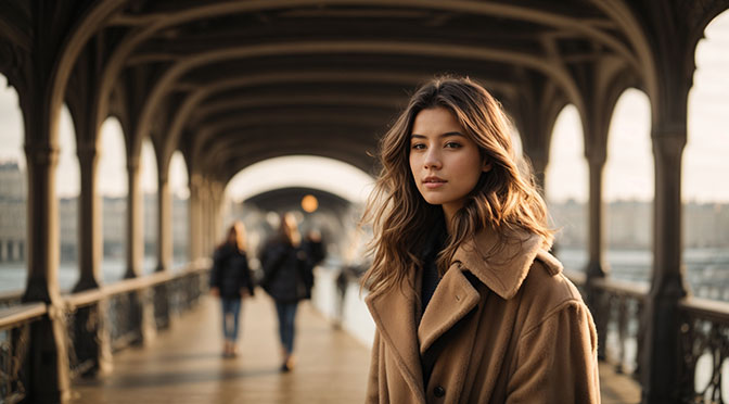 a 20-year-old woman in a mink coat walks under the Pont de Bir-Hakeim in Paris