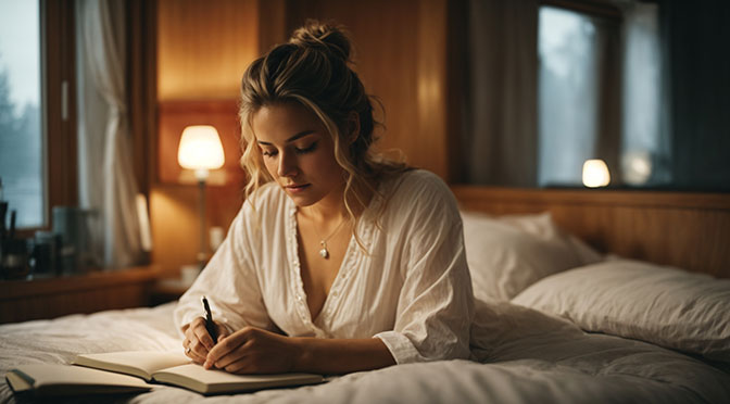 a Norwegian woman in her early 20s sits in bed in a nightgown and writes a story on a notepad
