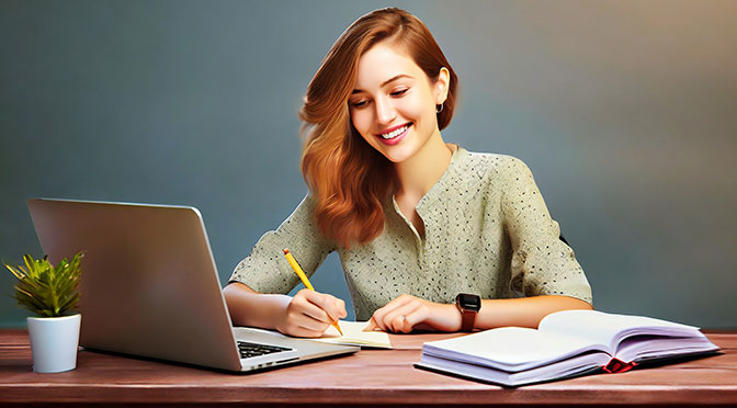Bild einer jungen Frau, die vor einem Laptop sitzt und angeregt schreibt.