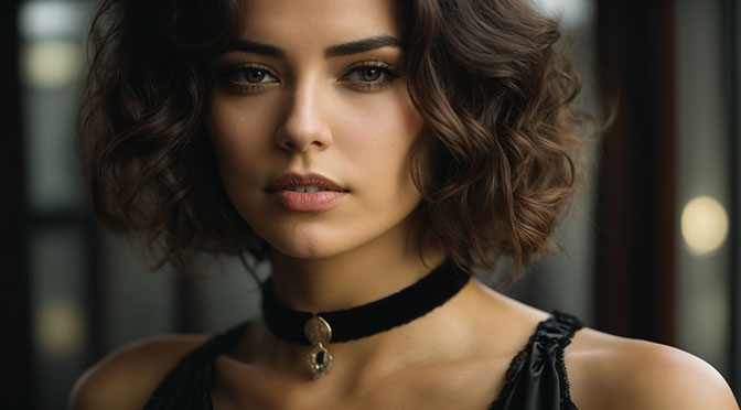 A woman in her early twenties, wearing a black sheer blouse, C-cup and a black velvet choker around her neck.