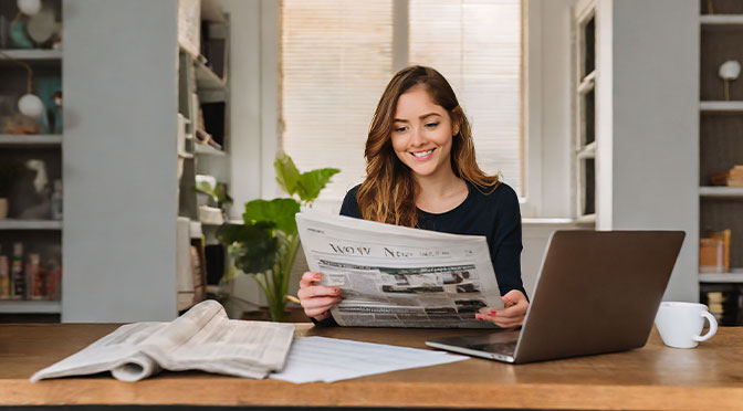 Eine junge Frau Anfang 20 sitzt an ihrem Schreibtisch. Vor sich hat sie einen aufgeklappten Laptop. In der Hand hält sie eine Zeitung, in der sie gerade liest.