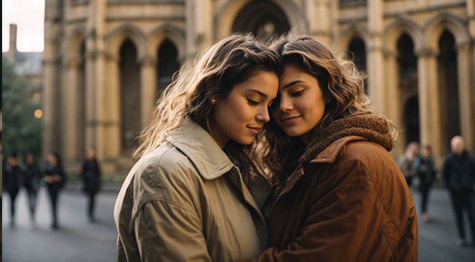Two young women in their early 20s hugging tenderly in front of Melbourne University