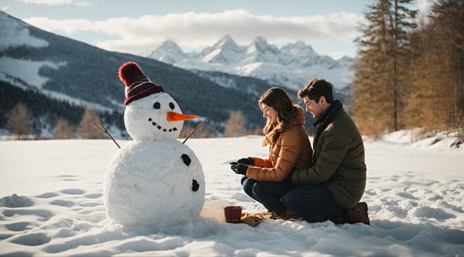 A couple in their early twenties build a snowman in the middle of an unspoilt winter landscape. There are mountains in the background and they are surrounded by a forest. They look happy.