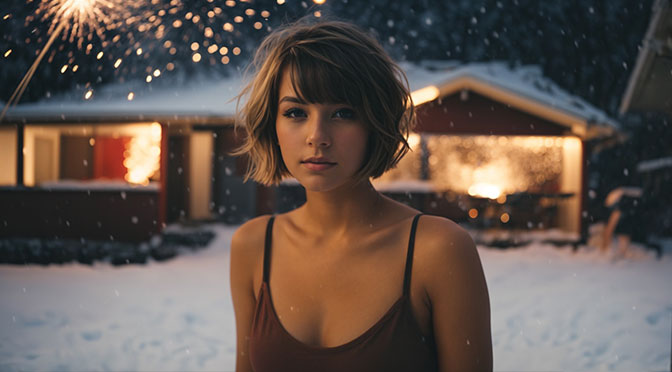 Anna, an american woman, 19 years old, bob haircut, shirtless in snow in front of a firework