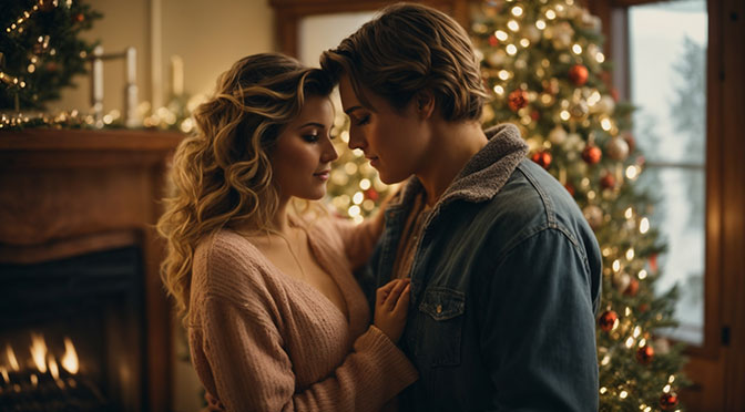 A couple in their early 20s in front of the fireplace, she in a negligee, he in jeans and a sweater. In the background is one decorated Christmas tree.