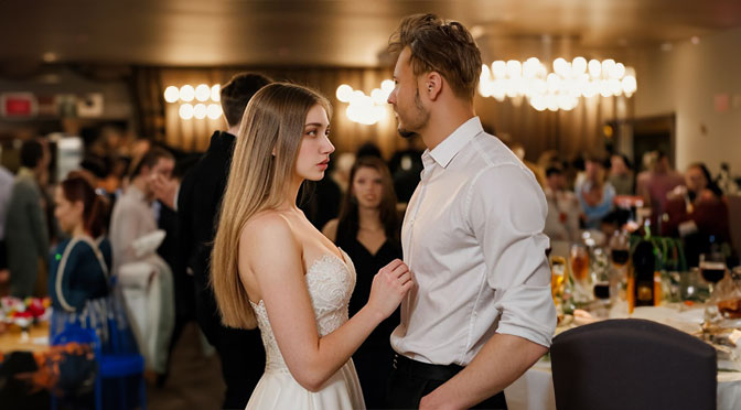 a caucasian woman, 21 years old , directs her longing gaze at a 21 years old man, they are both at a party with several other people