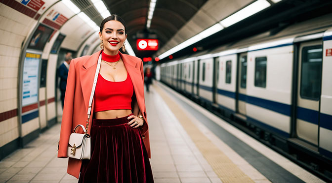 junge Frau mit Crop Top und Samtrock in der Metro