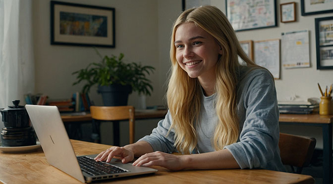 eine junge Frau am Schreibtisch, arbeitet an einem Laptop