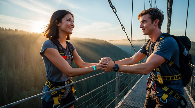 A woman is standing on a bridge, about to bungee jump. A man is holding her. She looks at him trustingly.