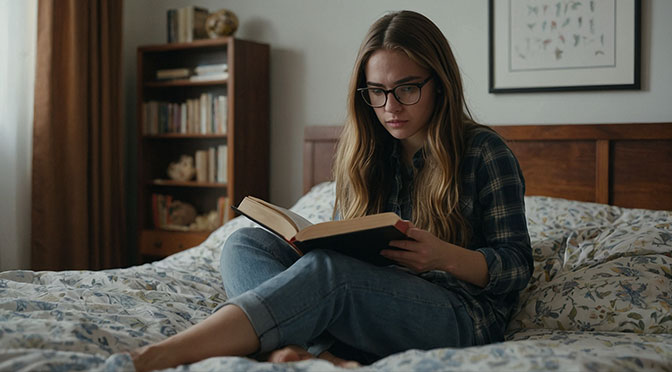 A young woman with glasses and long hair is sitting on her bed, reading with fascination.