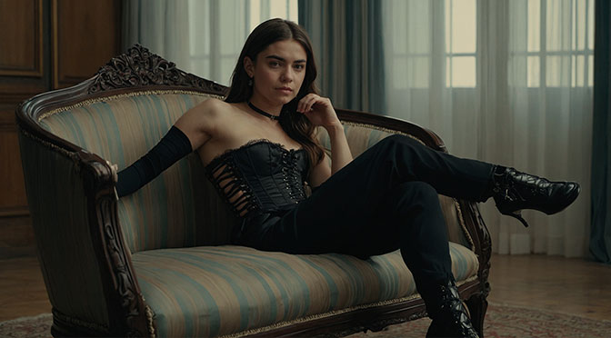 A young woman is sitting on a chaise longue. She is wearing black trousers and just a black, tightly laced corset as a top.
