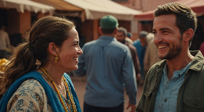 Marktszene in Marrakesh: Zwei Fremde lächeln sich an. Writing Prompt