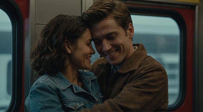 A man and a woman, both around 23, are together in a train compartment. The man caresses the woman, and she smiles at him.