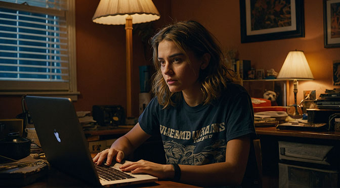 eine junge Frau in T-Shirt sitzt vor ihrem Laptop