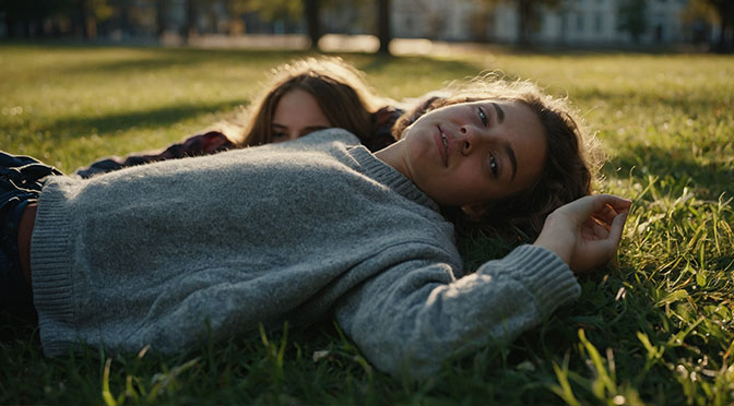 Two teenagers are lying on the grass in a park, gazing lovingly at each other.