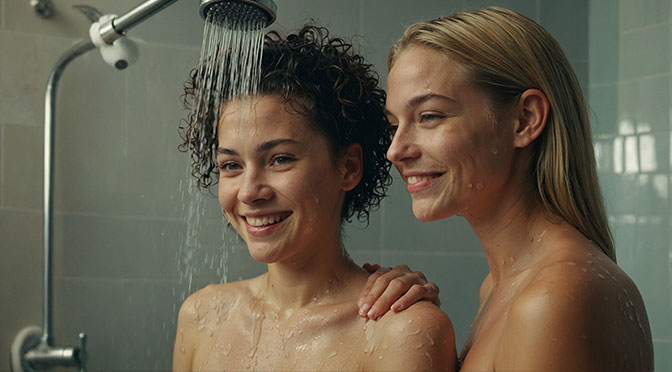 Two women taking a shower