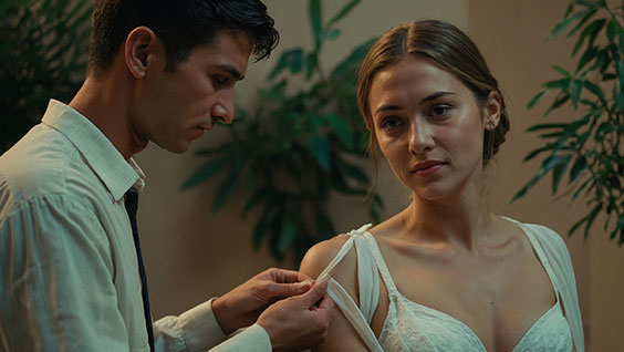 Awe: a young man with a respectful expression, carefully opens the blouse of a Caucasian woman , revealing her white bra