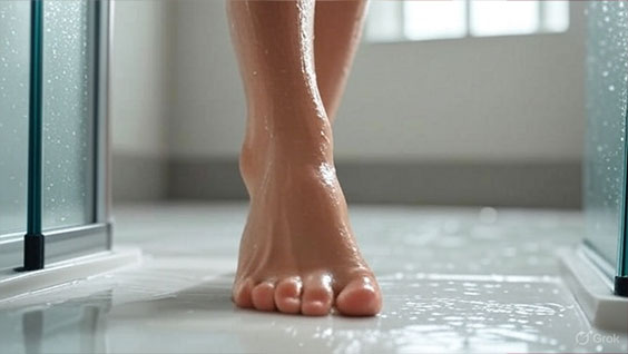 The bare foot of a woman, 20 years old, in close-up, in the shower.