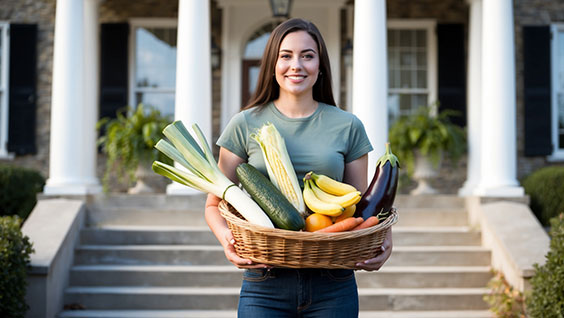 A 19-year-old woman, dressed in a T-shirt (without print) and jeans, C-Cups, holds a wicker basket filled with vegetables: a cucumber, a leek, corn, a few bananas, an eggplant, and carrots. She is standing in front of her sorority mansion.