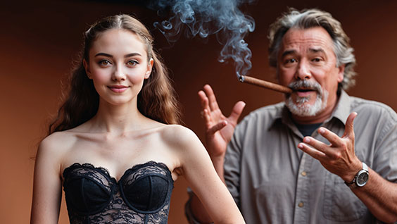 A woman with bright brown eyes, long curly brown hair, and medium brown skin, wearing a sleek black bustier, stands confidently in front of a man in his mid-50s with a weathered face, thinning grey hair, and a bushy grey beard, who is smoking a thick cigar and talking animatedly with expressive hand gestures