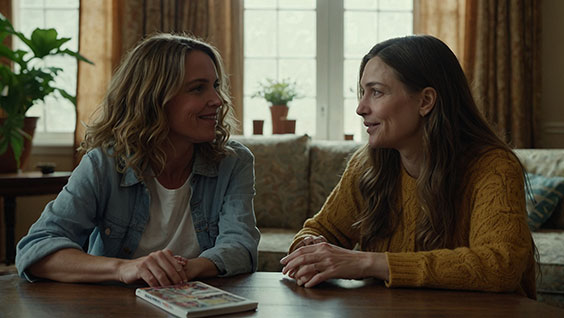 Mentor: A Caucasian woman aged around 20 with long hair and dressed in youthful clothing and a woman aged 40 are sitting opposite each other at a coffee table in the older woman's living room and are engaged in lively conversation.