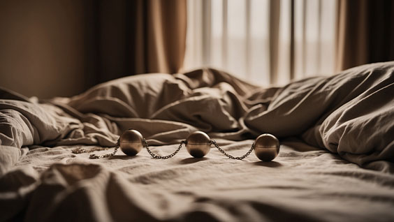 a rumpled bed with a set of three metallic Ben Wa Balls