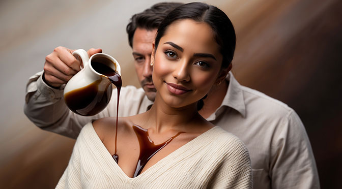 Sploshing: A woman is wearing a loose-fitting sweater. Behind her stands a man with a jug. He pours chocolate sauce directly onto her skin, into her neckline.