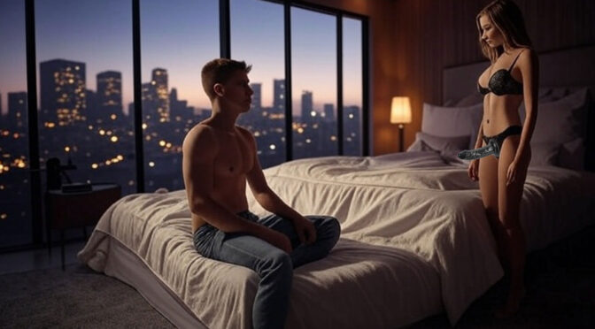 Pegging: A loft with large windows overlooking the skyline of a big city. In the foreground of the room is a large bed. A man, about 24 years old, is sitting on it. A woman wearing a godemiche is standing in front of him.