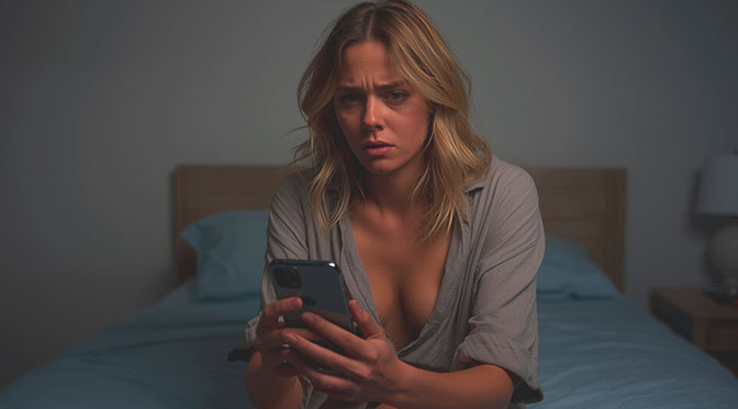 A bedroom. A woman sits alone in her dimly lit room. She is looking irritated at her cell phone. She is wearing a loose-fitting shirt, no bra. Her blond hair falls loosely over her shoulders.