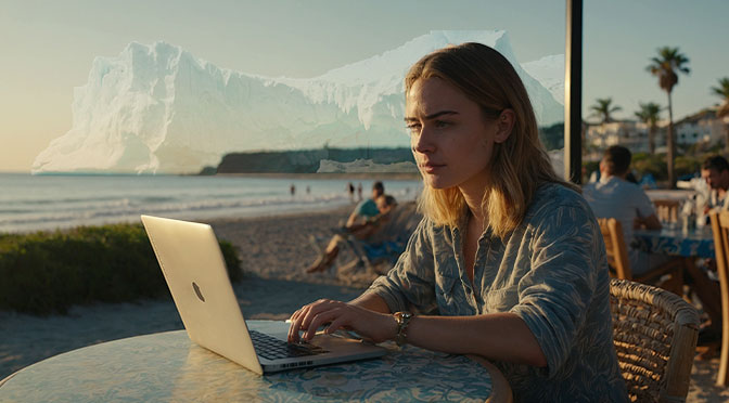 A young woman is sitting on the beach and typing on a laptop. A large iceberg can be seen in the background.