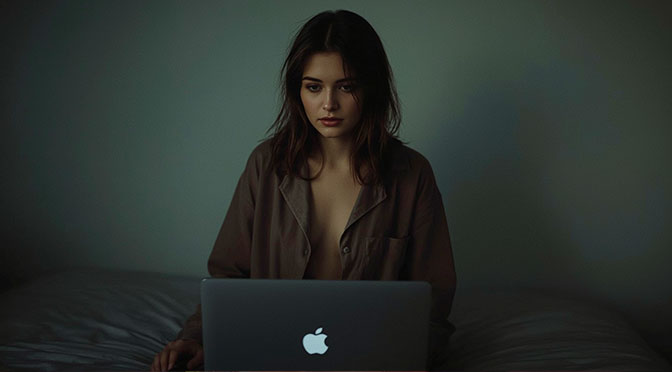 A woman sits alone in her dimly lit room. Her laptop is on the bed. She is wearing a loose-fitting shirt. Her hair falls loosely over her shoulders. Her pyjama top is unbuttoned. She is wearing no bra