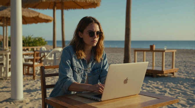 woman sits at a table on a beach terrace, typing on a laptop in front of her.
