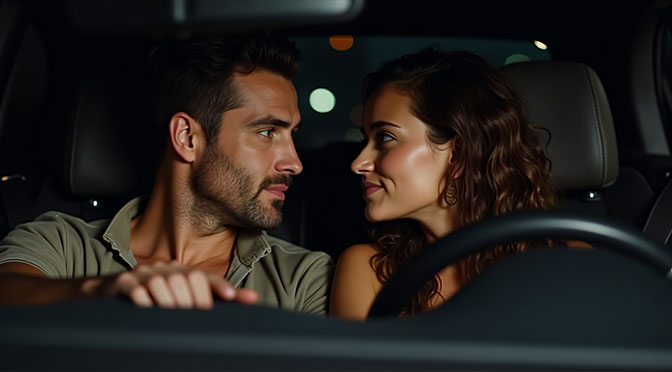 A man with a strong jawline and piercing brown eyes and a woman with long curly brown hair and bright green eyes sit next to each other in a dimly lit car at night, the soft glow of the dashboard illuminating their faces. They exchange a passionate glance, their bodies leaning in close, conveying a sense of longing and desire. He rests his hand on the leather steering wheel, his fingers relaxed, while she places her hand next to his, her fingers barely touching his, sparking a sensual connection. The car's interior is sleek and modern, with a dark gray dashboard and seats, and the nighttime cityscape outside is visible through the windshield, a blurred backdrop to their intimate moment.