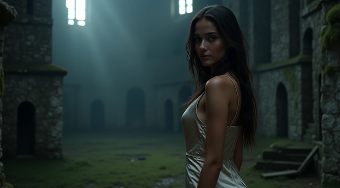 an old castle. Moonlight streams through broken windows. The air smells of dust and moss. Anna, a slender woman in her late twenties, stands there. Her long, dark hair falls over her shoulders. She wears a thin silk dress. It clings to her curves.