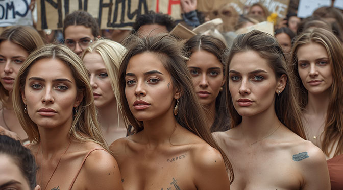 A demonstration by women, with a variety of facial features, including different nose shapes, eye colors, and hairstyles, some with subtle makeup, and others with a natural look, many of them are braless or bare-chested, with diverse skin tones, and unique attributes such as tattoos or scars, standing together in a cohesive group, with some holding handmade signs or banners with bold, colorful lettering and simple, yet effective graphics.