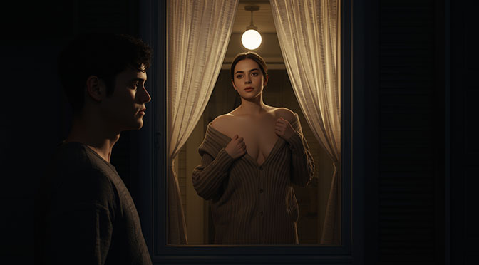 a young man with defined facial features and medium skin tone stands alone in the soft moonlight outside the house of a woman, the gentle glow casting a warm ambiance over the scene. She stands in front of an open window, the delicate curtains blowing gently in the breeze, as she slowly takes off her sweater, revealing a hint of her attire underneath. The woman's facial features are subtle, with a calm expression, and her skin tone is fair, illuminated by the moon's gentle light. The house's exterior is visible in the background, with the window frame and shutters prominently displayed, while the young man's gaze is fixed intently on the woman, his eyes filled with a mix of curiosity and intrigue.
