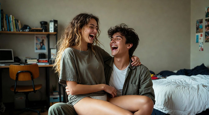 Beide in Unterwäsche (BH + Slip bzw. Boxershorts), aber in einer eindeutig nicht-sexuellen Pose: sie liegt quer auf ihm und liest ihm laut aus einem Buch vor, während er genervt-amüsiert guckt (klassische WG-Situation)