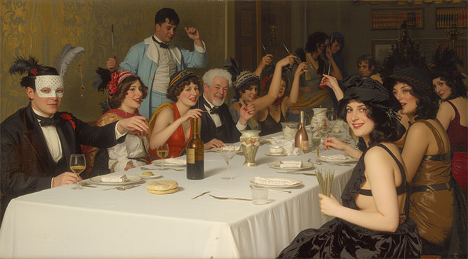 A banquet. Several people are seated at a long table covered with a white tablecloth: the men are wearing masks, the women are scantily clad. They are celebrating exuberantly. The scene has the flair of the early 20th century.
