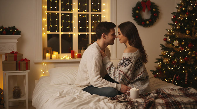 Couple in mid-twenties tenderly caressing on bed, subtle movements, gentle touch flows, soft breathing.