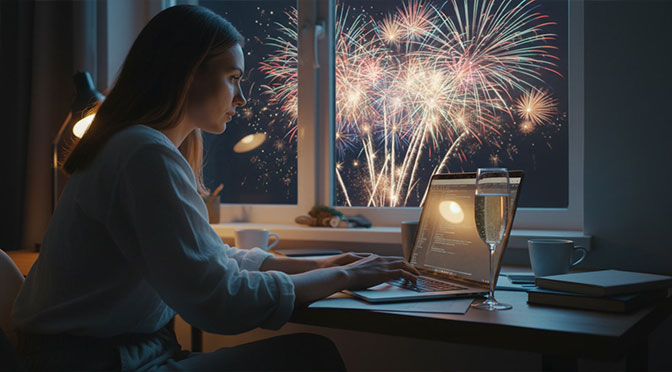 A woman sits at her desk by the window at night, typing on her laptop. Next to the laptop is a filled champagne glass. Outside the window, fireworks can be seen.