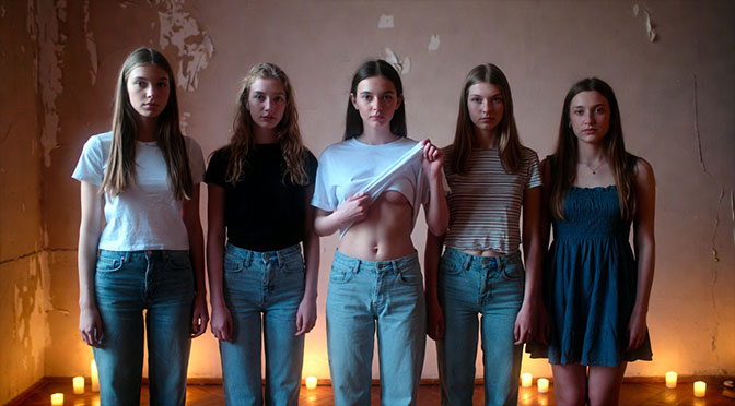 The walls of the room are covered with peeling paint, but the candles scattered at irregular intervals on the wooden floor cast a warm, flickering light on the scene. Seven women between the ages of 18 and 22 stand side by side. One of them is taking off her T-shirt—by pulling it up at the hem, sliding it over her head. Her bellybutton is visible. She is not wearing a bra.