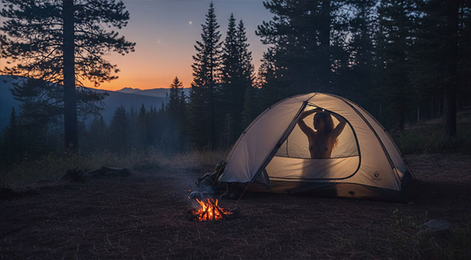 A woman at a campsite. It is evening, her tent is lit from the inside. She is changing her clothes. Her silhouette is visible through the tent fabric.